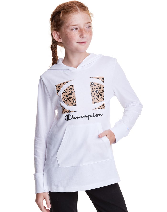 Champion T-Shirt Leopard Knockout Logo Kiz Çocuk Kapşonlu Sweatshirt Beyaz ( XUSMLN741 )